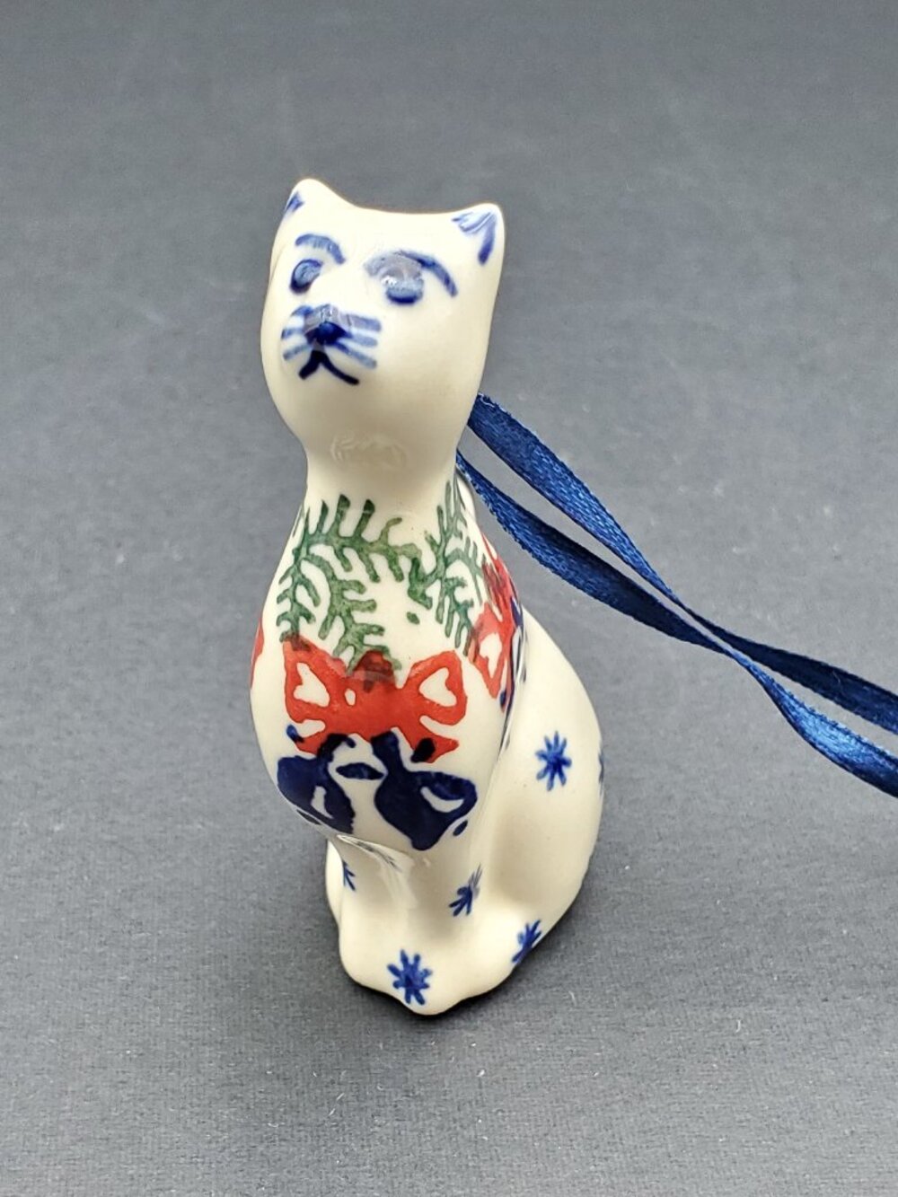 Polish Pottery Cat Ornament Holiday Decor Cat Figure Snowflakes Bells Ribbons